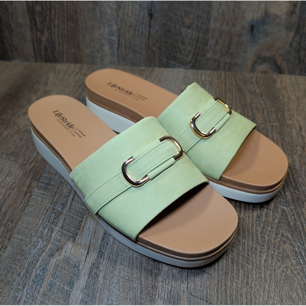 LifeStride Genevieve Flat Slide Sandal Palm Green Women's Size 10 M Comfort